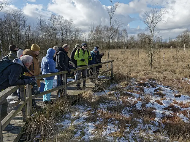 Eine Wandergruppe mit Sven Zimmermann auf dem Dosenmoor-Erlebnispfad.
